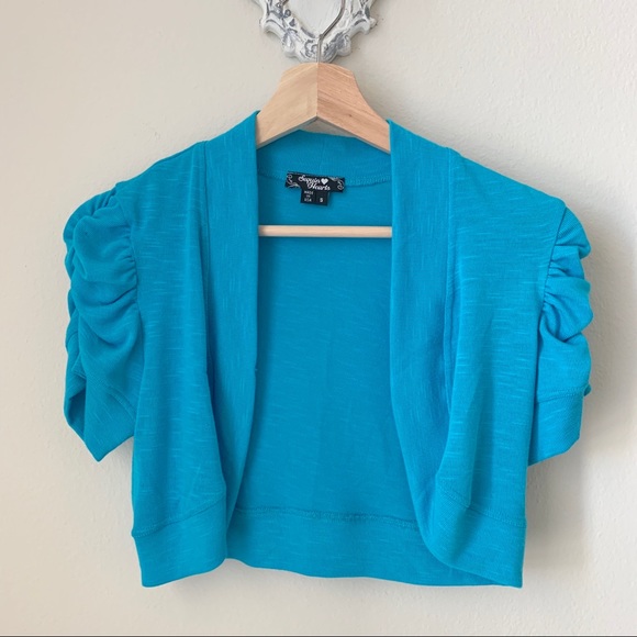 Sequin Hearts Sweaters - Sequin Hearts Blue cropped open front shrug